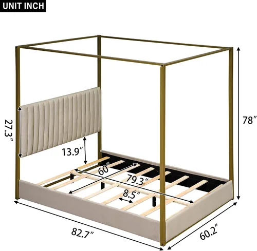 Vista 2 de Marco de cama moderno con dosel de 4 doseles, cama de plataforma de madera con cabecera tapizada, camas de plataforma de madera de bajo perfil