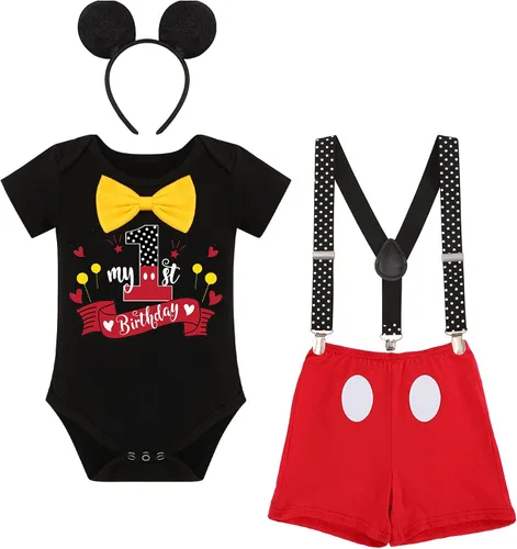 Vista 8 de IBTOM CASTLE Conjunto de caballero para primer cumpleaños para bebé, niño, traje formal con pajarita, babero, pantalones, orejas, conjunto