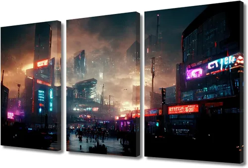 Vista 78 de Arte de pared de 3 piezas de escena de ciencia ficción de la calle comercial futurista paisaje urbano, decoración de pared para dormitorio