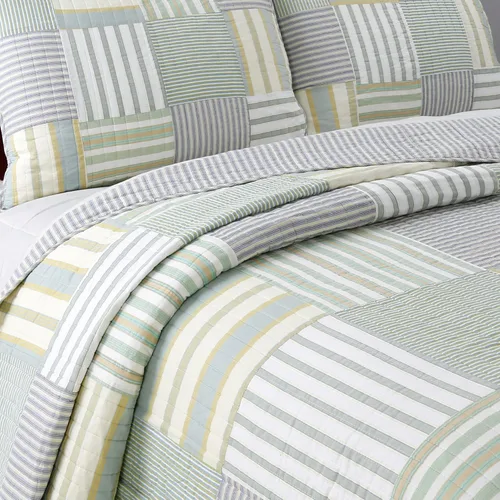 Vista 10 de Juego de ropa de cama de algodón con retazos reales a rayas azul marino, colcha reversible, colcha (Denim, Queen, 3 piezas)