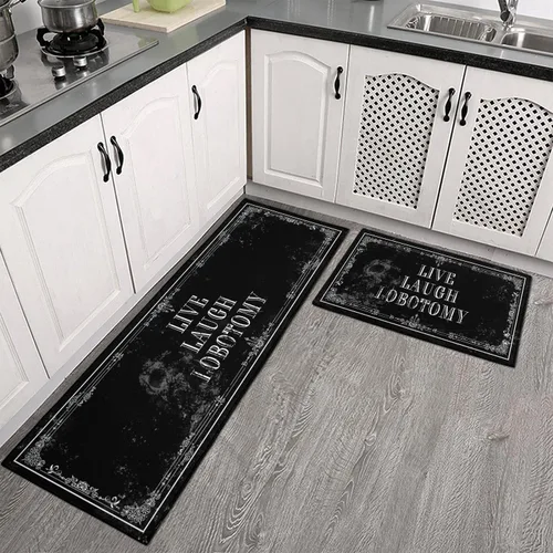 Vista 2 de Juego de 2 Alfombrillas de Cocina Góticas - Alfombras de Cocina Antideslizantes de Halloween Espeluznantes Negras Alfombra Gótica de Calavera