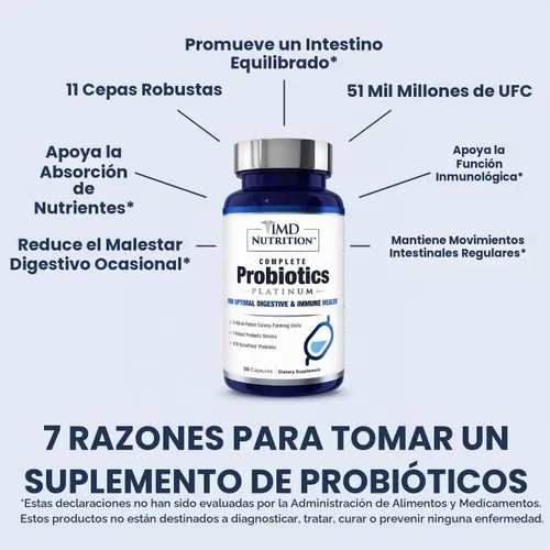 Vista 4 de 1MD Nutrition Probióticos completos Platino, con prebióticos y probióticos para la salud digestiva, suplemento probiótico para mujeres y hombres