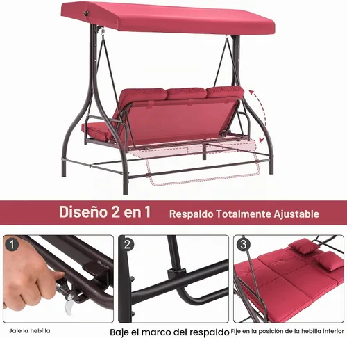 Vista 5 de MCombo - Silla de columpio para patio al aire libre, respaldo ajustable y dosel, silla de columpio para porche, con cojines, 3 asientos