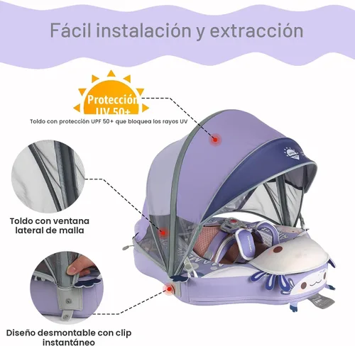 Vista 3 de Mambobaby Flotador de piscina para bebés sin deslizamiento con toldo y cola flotador de natación no inflable para bebés, espuma perla, UPF 50+