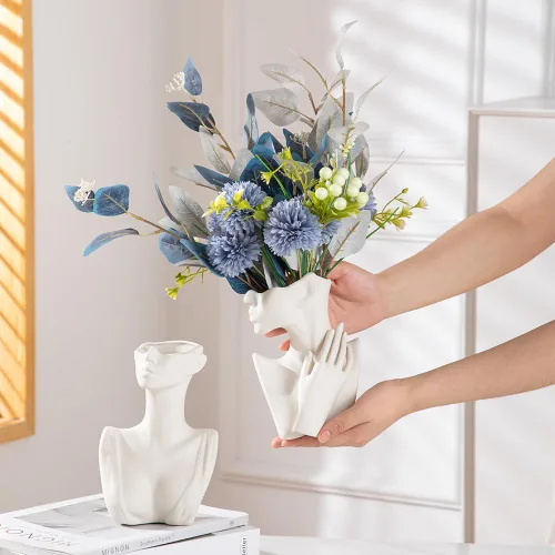 Vista 8 de Jarrones faciales para decoración moderna del hogar de cerámica blanca, jarrón redondo mate para hierba de las pampas, jarrones de flores neutros