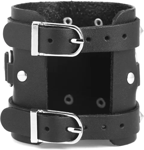 Vista 4 de STWTR Pulsera ancha de cuero con cinturón ancho para hombre, estilo punk, rock, moto