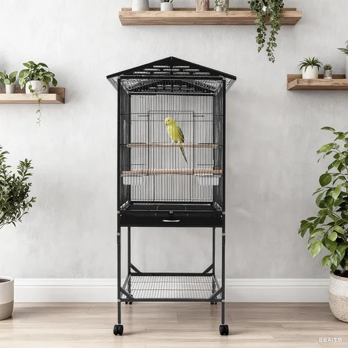 Vista 3 de Jaula grande para pájaros, jaulas movibles para pájaros con ruedas, 4 ventanas de alimentación, bandeja deslizante, aviario panorámico para pájaros