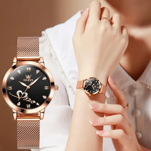 Vista 5 de OLEVS Relojes para mujer, correa de malla de oro rosa, vestido de moda, cuarzo japonés, impermeable, luminoso, para mujer, conjunto de pulseras