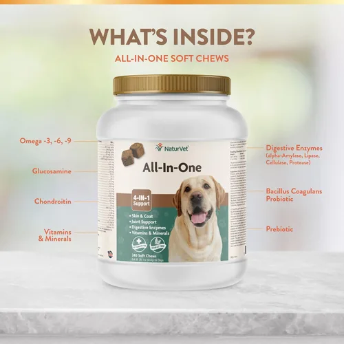 Vista 4 de NaturVet Probióticos y enzimas avanzados - Apoya y equilibra a las mascotas con estómagos sensibles - 240 unidades y suplemento todo en uno