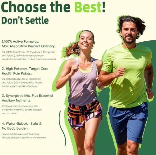 Vista 4 de Gotas de complejo de vitamina B, metilcobalamina activa B12 5000mcg, B6, B1, B2, B5, B7, B3, folato con vitamina C, líquido sublingual B12