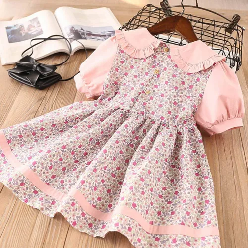 Vista 2 de Kids Girls Cute Sweet Collar Floral Dress for 2-7 Years,Casual Flowy Summer Short Puff Sleeve Doll Neck A-line Dress