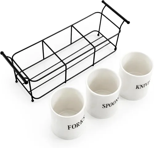 Vista 4 de Bekith Organizador de cubiertos de cerámica blanca de 3 piezas con estante de metal negro, soporte para utensilios, organizador de almacenamiento