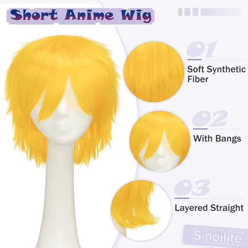 Vista 4 de Pelucas de pelo sintético lacio, corto y esponjoso. Para fiestas de cosplay, anime peluca con pelo despeinado y puntiagudo, para hombre y mujer