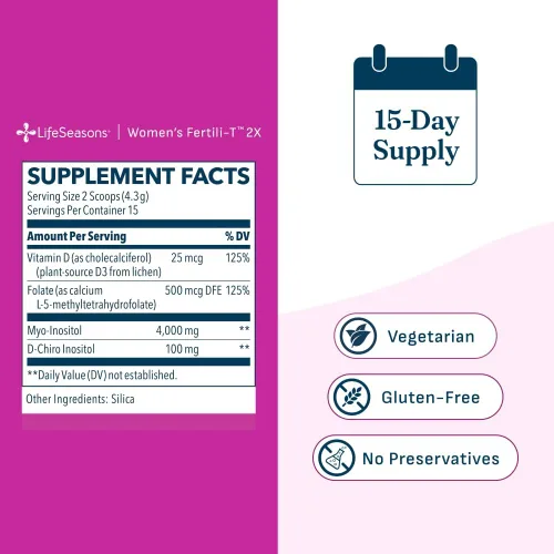 Vista 5 de LifeSeasons Fertili-T 2X Powder - Myo & D-Chiro Inositol (40:1) Suplemento de apoyo ovárico - Mezcla de bebida diaria sin sabor con folato metilado