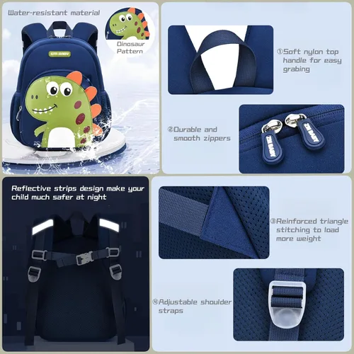 Vista 6 de Bansusu Mochila infantil antipérdida de dinosaurio para niños preescolares con correa de seguridad, mochila pequeña ligera para niños, bolsa