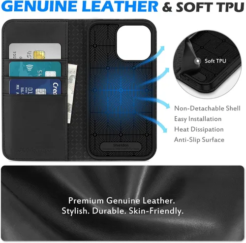 Vista 8 de SHIELDON Funda para iPhone 15 Pro Max de 6.7 pulgadas, cartera de cuero genuino [cierre magnético] [ranura para tarjeta de bloqueo RFID]