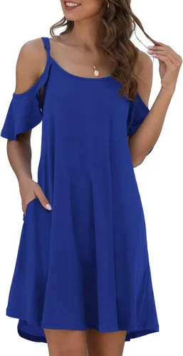 Vista 2 de Jouica Vestido de verano casual con tirantes delgados para mujer, hombros descubiertos, mangas con volantes y bolsillo