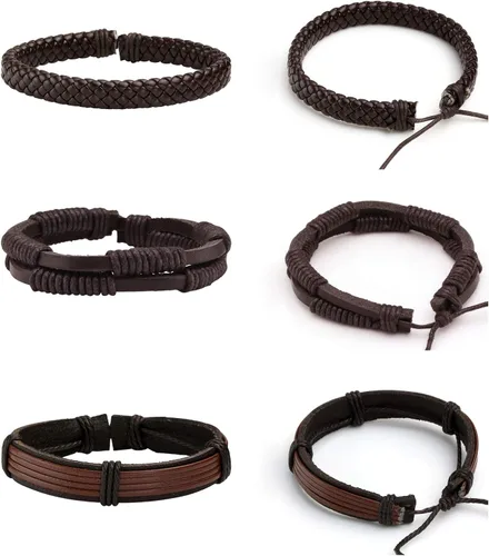 Vista 3 de MILAKOO 6 pulseras de cuero trenzado punk para hombres y mujeres, pulseras ajustables