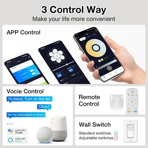 Vista 3 de cumilo Ventiladores de techo inteligentes de 52 pulgadas con luz y control remoto, luces LED regulables, motor de CC silencioso, control a través