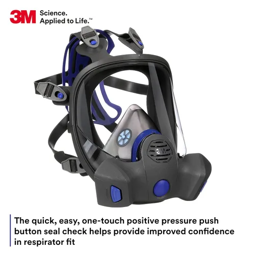 Vista 2 de 3M Secure Click Respirador reutilizable de cara completa con lente grande, diafragma de habla y comprobación de sellado de botón, FF-801