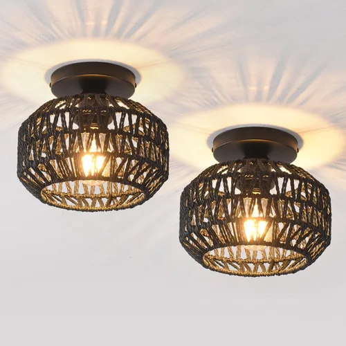 Vista 13 de 1 paquete de lámparas de granja para montaje en techo, mini lámpara de techo de ratán bohemio semiempotrada, accesorios de luz de pasillo tejidos a