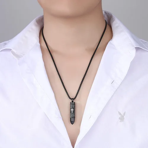 Vista 5 de Moniya - Collar con dije de acero inoxidable con forma de bala como urna para cenizas y oración estampada en inglés cadena de 22 pulgadas