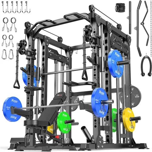 Vista 33 de Rack Multiusos para Sentadillas, Conjunto de Rack de Pesas Smith Machine con Sistema de Crossover de Cables, Racks de Potencia para Gimnasio