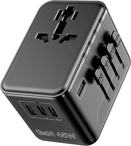 Vista 10 de Adaptador de viaje universal - Adaptador de corriente internacional de 35 W con fusible de reinicio automático, adaptador de enchufe USB-C PD