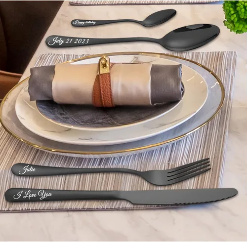 Vista 5 de Cubiertos grabados personalizados, juego de vajilla personalizado con caja de regalo, nombre de letras personalizadas, tenedor, cuchillo, cuchara