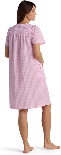 Vista 2 de Miss Elaine Bata corta de sirsaca para mujer, cierre frontal y mangas cortas, dos bolsillos delanteros, ropa de dormir y ropa de descanso