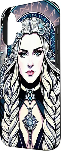 Vista 2 de iPhone 16 Skadi Diosa nórdica, mito vikingo nórdico, runas, estuche de arte nórdico