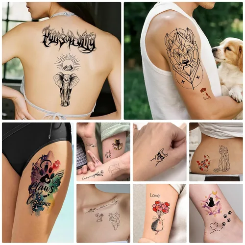 Vista 6 de 77 hojas de tatuajes temporales, 17 hojas de tatuajes de medio brazo de gatos, perros, conejos, leones y elefantes lindos para hombres, mujeres