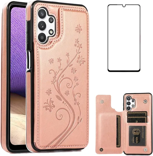 Vista 10 de Funda de teléfono para Samsung Galaxy A32 5G de 6.5 pulgadas con protector de pantalla de vidrio templado, tarjetero/tarjetero/cartera, soporte