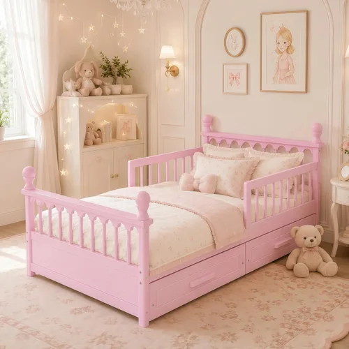 Vista 12 de SOFTSEA Twin Size Kids Bed Frame with Storage Drawers, Wood Platform Bed with Storage Headboard and Charging Station, No Box Spring Needed, Cream