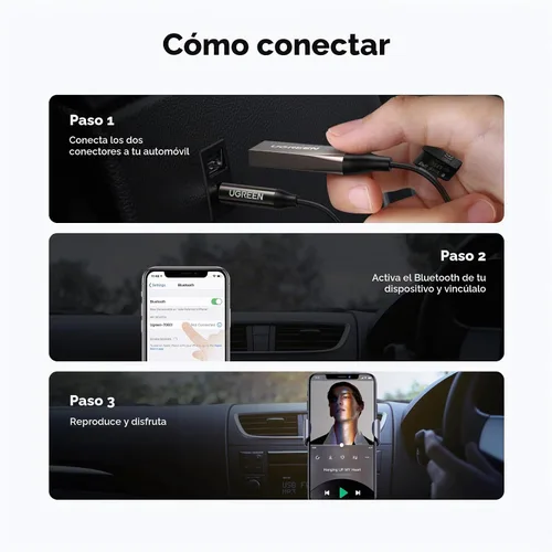 Vista 7 de UGREEN Adaptador auxiliar para automóvil Bluetooth 6.0 con LDAC, adaptador auxiliar de 0.138 in micrófono incorporado, receptor de audio Bluetooth