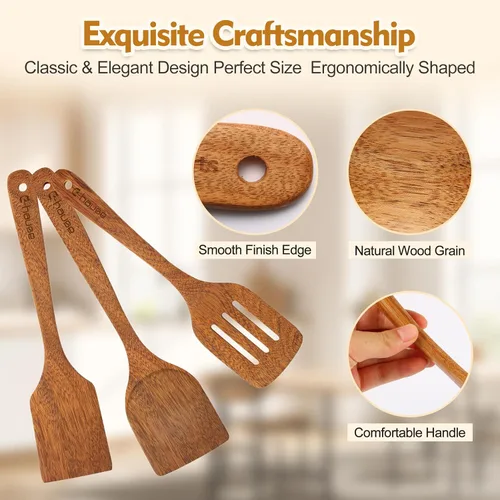 Vista 10 de Juego de 3 espátulas de madera natural, cuchara de cocina de madera maciza, antiadherente, utensilios de cocina ranurados, cucharas de madera