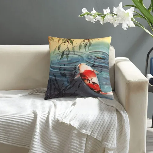 Vista 7 de VARUN Fundas de almohada Koi Fish Water Lily Pond Blanco Rojo Carpa Ripples Funda cuadrada para decoración del hogar, sofá, coche, dormitorio, funda