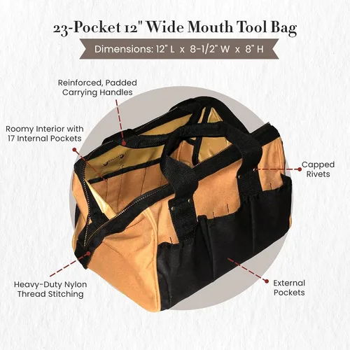 Vista 3 de Style n Craft Bolsa de herramientas de boca ancha de 12 pulgadas de 23 bolsillos, bolsa de almacenamiento de herramientas de poliéster 600D