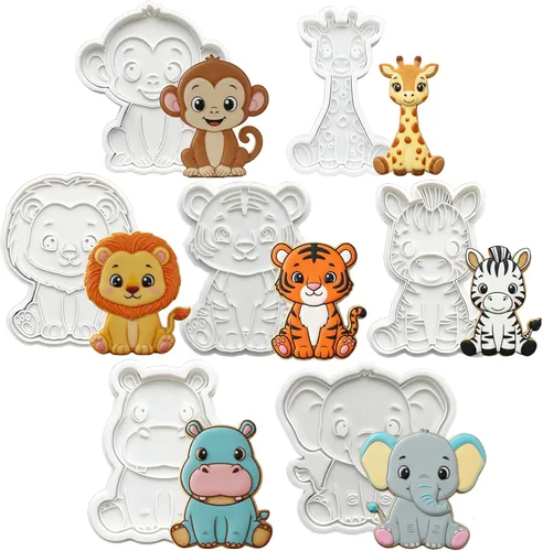 Vista 23 de Juego de 8 cortadores de galletas de animales con mango de sello 3D, diseño de selva para cocina, formas de pastel de ácido poliláctico