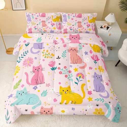 Vista 2 de QOOMO Edredón floral de gato tamaño Twin, juego de ropa de cama de gato rosa para niños, adolescentes y niñas, juego de ropa de cama de 3 piezas