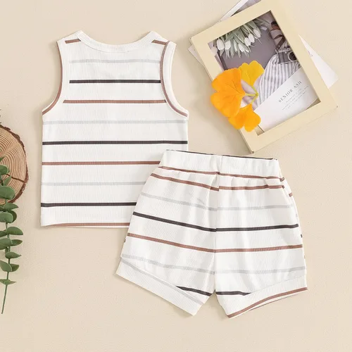 Vista 78 de Ropa de bebé niño sin mangas + pantalones cortos con estampado a rayas con bolsillos, 2 piezas de trajes de verano