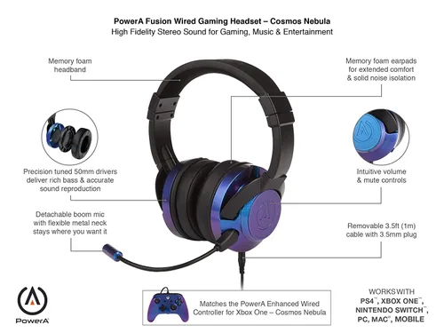 Vista 2 de PowerA Fusion Wired Stereo Gaming Headset with Mic for PlayStation 4, Xbox One, X, Xbox One S, Xbox 360, Nintendo Switch, PC, Mac, VR, Android, and