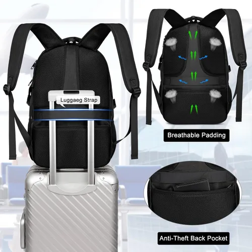 Vista 5 de ZUBOND Mochila con compartimento para zapatos para hombres y mujeres, mochila de viaje para laptop de 17.3 pulgadas con puerto USB, mochila