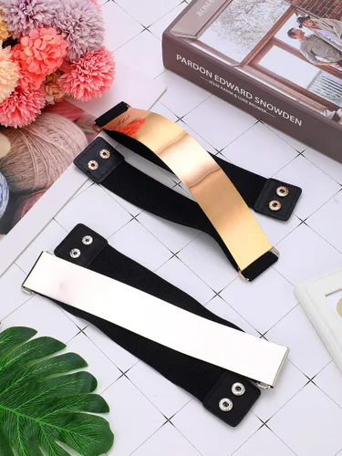 Vista 7 de Chuangdi Cinturón de vestir de cintura elástica con espejo para mujer, cinturón ajustado para mujer, cinturón elástico de espejo de metal, 2 piezas
