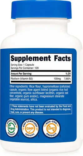 Vista 5 de Nutricost Vitamina B2 (Riboflavina) 100mg, 120 Cápsulas - Sin Gluten y Sin OGM