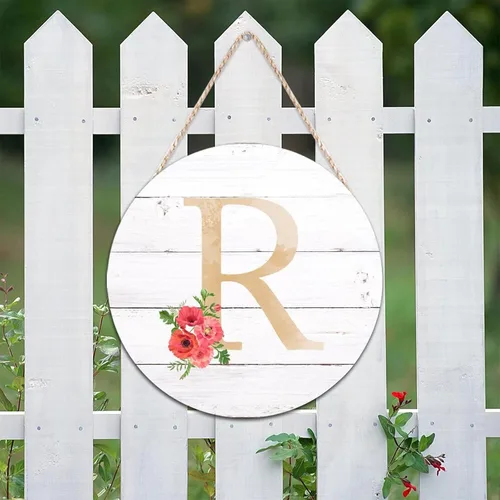 Vista 2 de Letrero de bienvenida con monograma inicial R redondo, letreros de madera con letras del alfabeto, amapola roja, floral, para jardín, 10 pulgadas