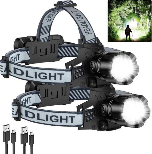 Vista 10 de Linterna frontal recargable, 99000 LM LED súper brillante con sensor de movimiento y 3 modos, luces frontales ajustables 90° para la frente, más