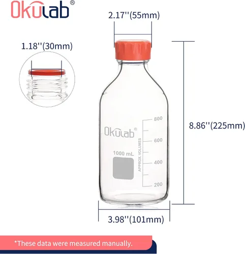 Vista 3 de Botellas redondas de almacenamiento de medios de 33.8 fl oz (34 onzas), vidrio de borosilicato 3.3, con tapones de rosca GL45 en material PP