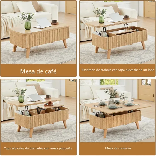 Vista 4 de Mesa de centro 3 en 1 con tapa elevable, mesas de centro convertibles acanaladas que se convierten en mesas de comedor, moderna mesa central
