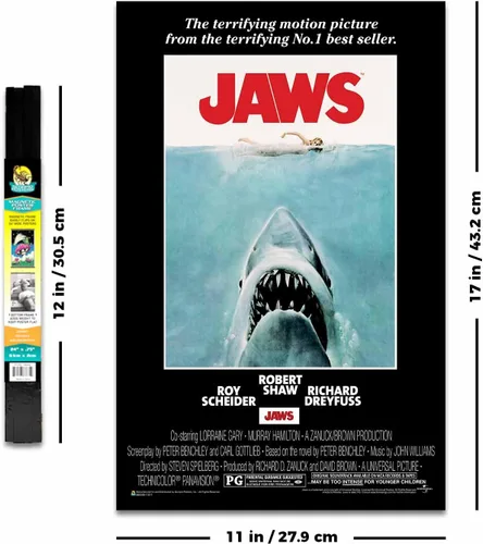 Vista 4 de Scorpio Posters Jaws - Mini póster de película, con licencia oficial, 11 x 17 pulgadas, con soporte para póster de madera negra